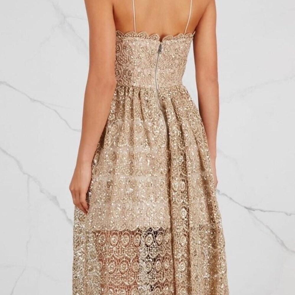 Alice + Olivia Embellished Lace Midi Alma Sequin Gold Dress